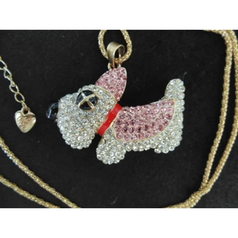 New Y2K Betsey Johnson Scottie Dog Pave Pink Crystal Pendant Charm Necklace